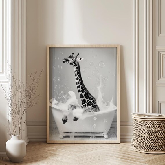Surreal Giraffe Bathroom Art Funny Black And White Animal Wall Print Whimsical Bathtub Safari Decor Quirky Modern Home Artwork