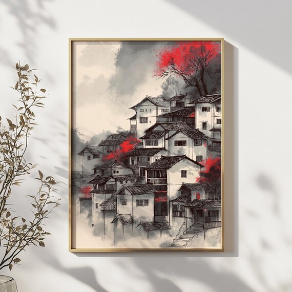 Japanese Ink Wash Village with Red Maple Trees Hillside Art Poster