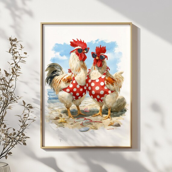 Funny Beach Chicken And Rooster Wall Art Print Red Polka Dot Swimsuit Hen Poster Summer Humor Coastal Farmhouse Decor