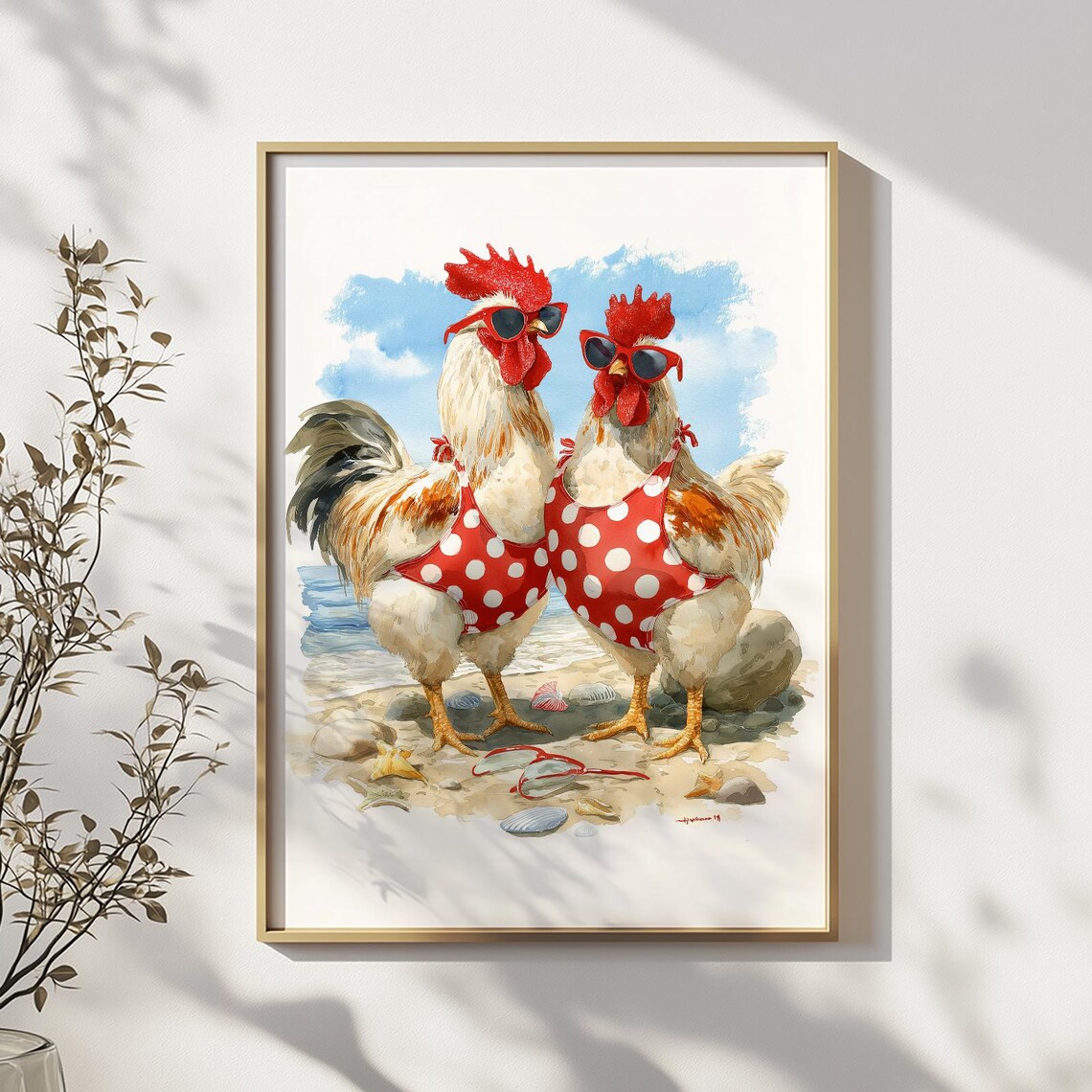 Beach Chicken And Rooster Polka Dot Swimsuit Sunglasses Summer Poster