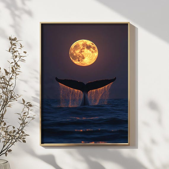Whale Tail Art Print Wall Dreamy Ocean Night Photography With Full Moon Surreal Nature Decor For Sea Lovers And Mystics