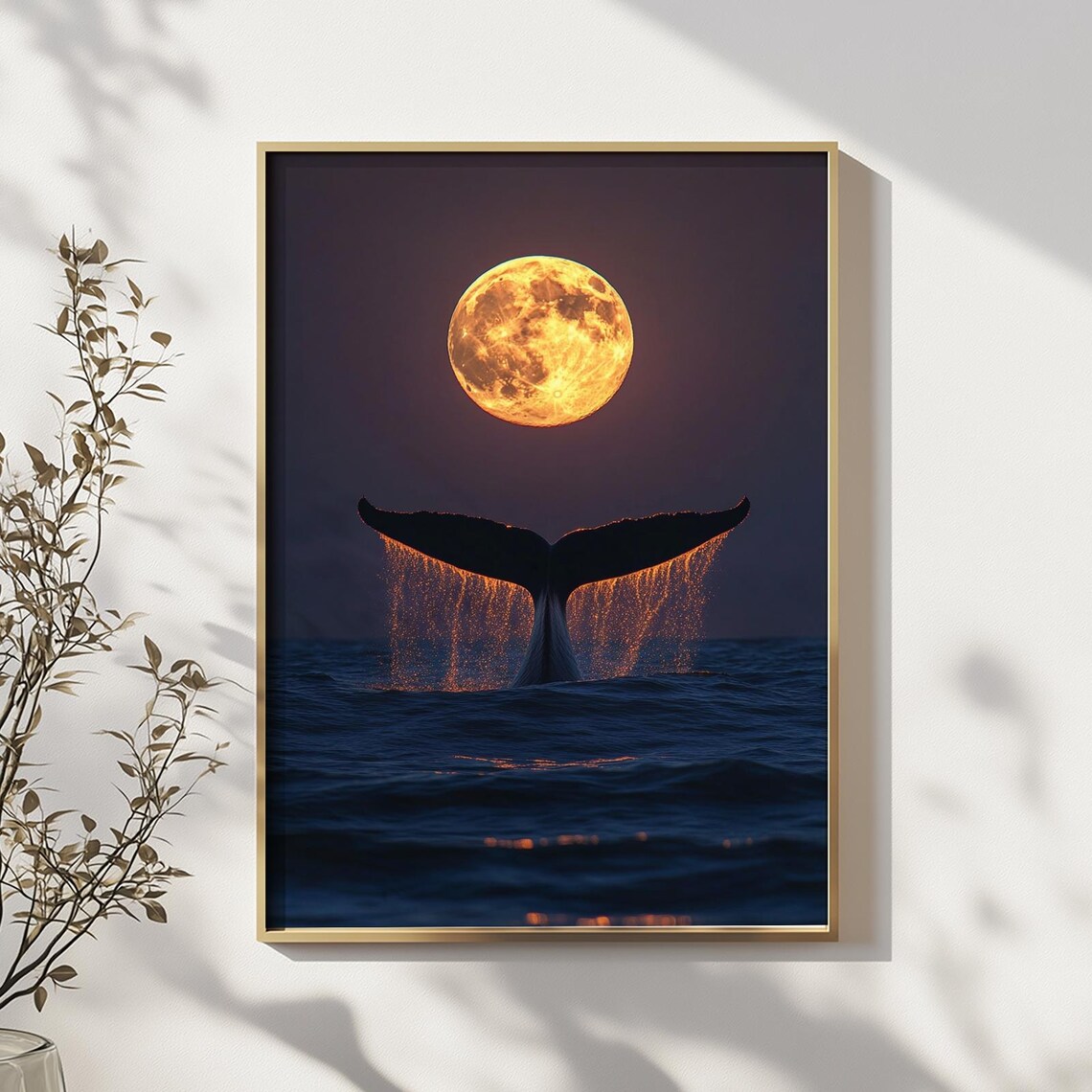 Whale Tail Under Full Moon Dreamy Ocean Night Photography Art Poster