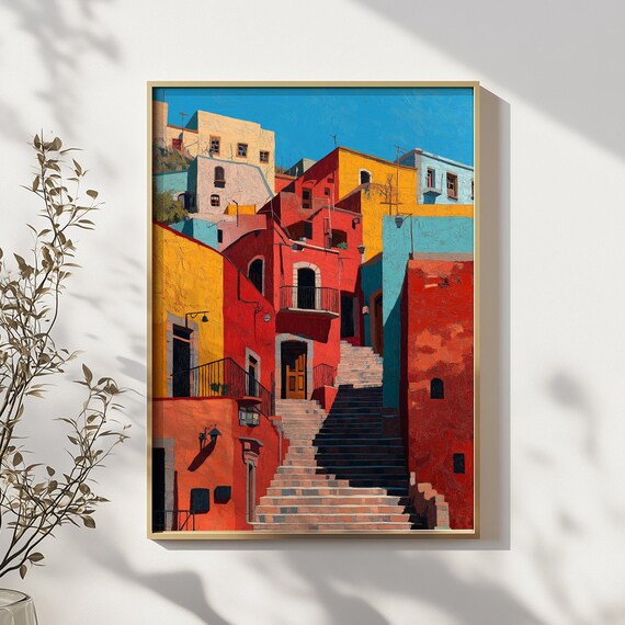 Colorful Mexican Street Art Painting Vibrant Colonial Architecture Wall Decor With Red Yellow And Blue Houses In Guanajuato
