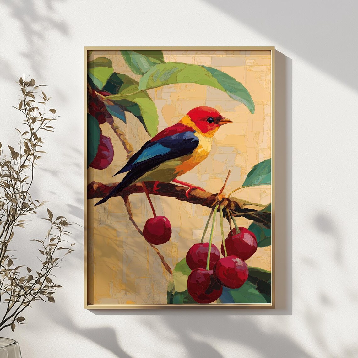 Colorful Songbird Perched on Cherry Branch Vibrant Bird Art Poster