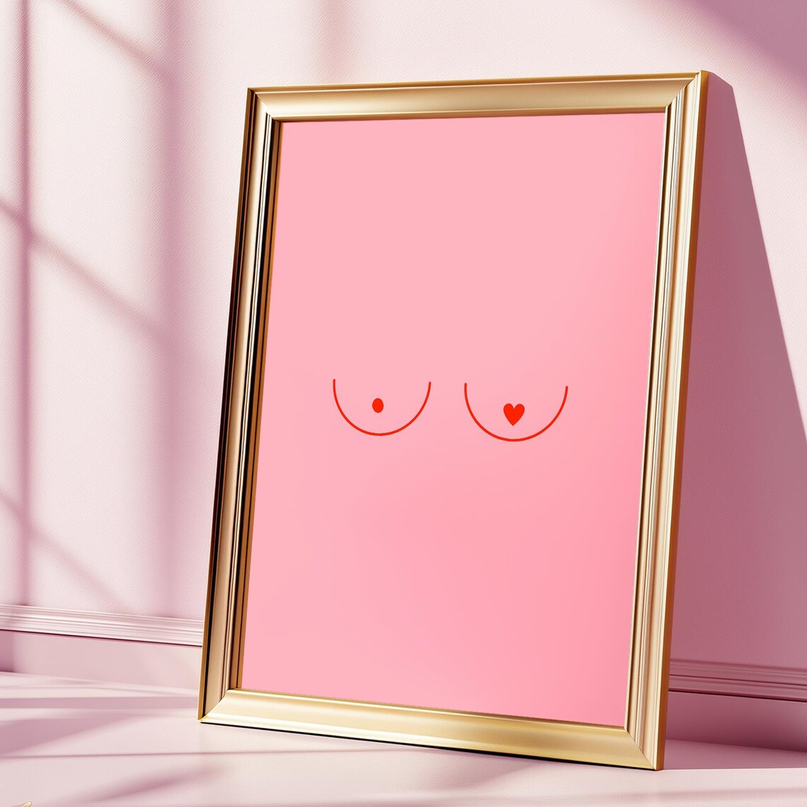 Minimalist Boob Line Art with Heart Pink Feminist Art Poster