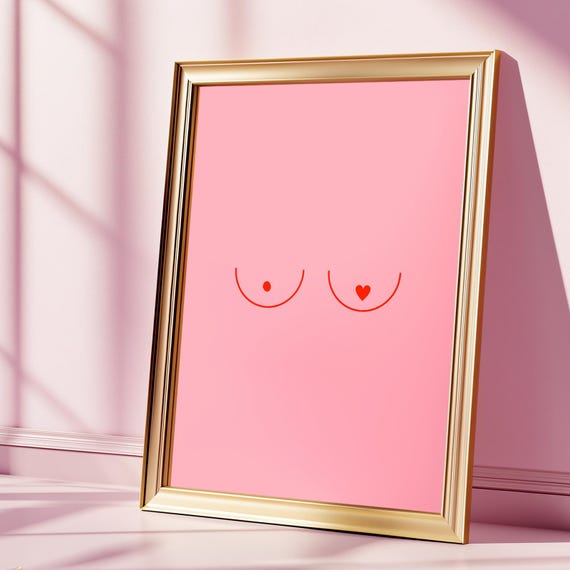 Modern Minimalist Boob Print Feminist Wall Art With Heart Detail Bold Body Positivity Poster Funny Nude Line For Bedroom Decor