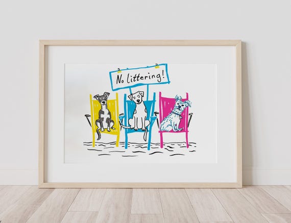 Funny No Littering Print Delightful Dog Art Humorous Beach Colorful Canine Prints Property Pool Outdoor