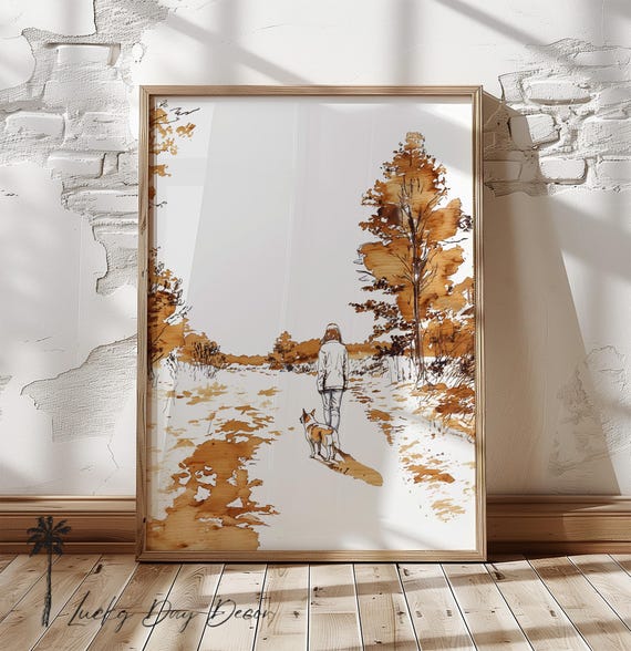 Autumns Day Dog Walk Warm Fall Sketch Art Cute Mom Walker Print Autumn Season Wall Decor Brown