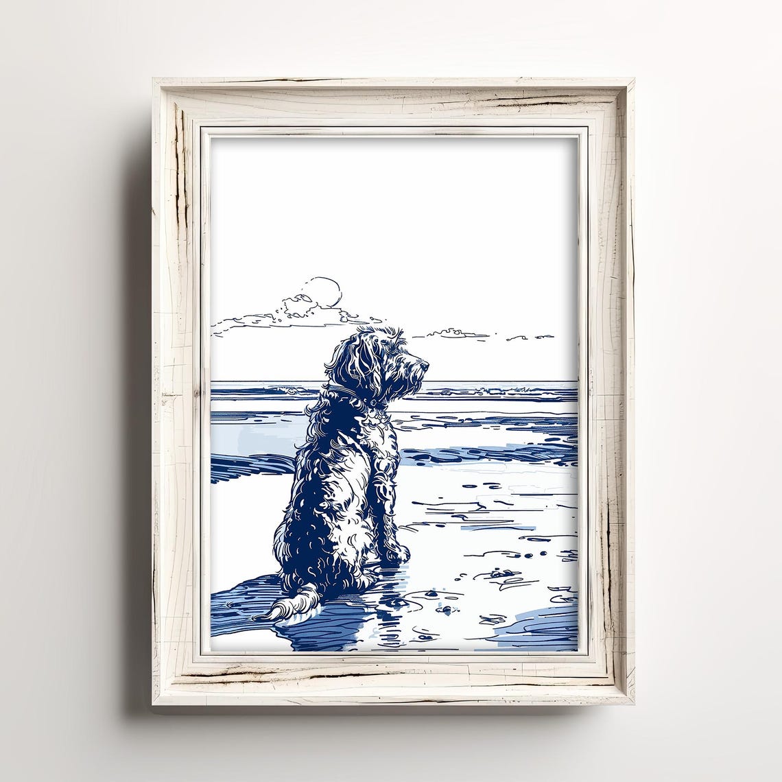 Doodle Dog Watching Ocean Waves Blue Ink Beach Sketch Poster