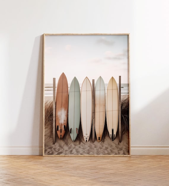 Five Surfboards On Beach Fence Soft Coastal Colors Island Life Poster