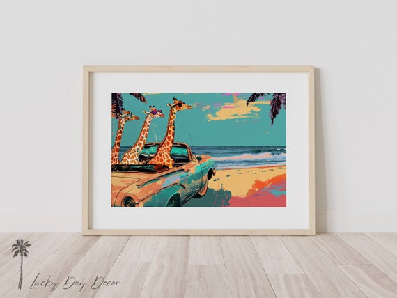 Whimsical Giraffe Art Coastal Cool Animals Beachside Giraffes In Convertible Car Humorous Wall