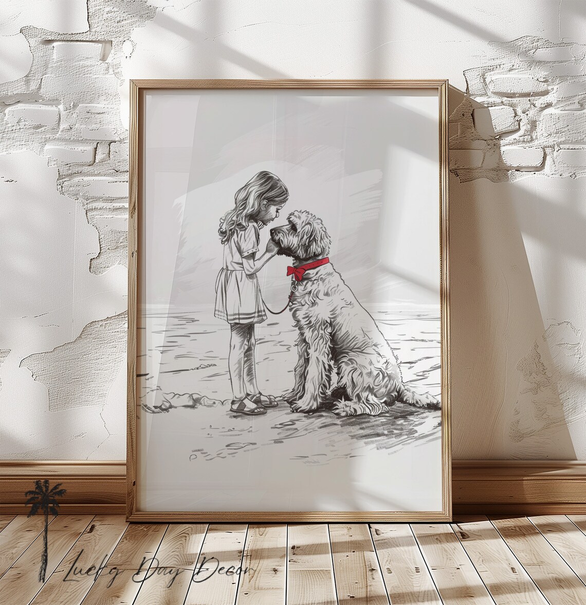 Girl and Dog Beach Pencil Sketch Red Bow Cute Animal Wall Art