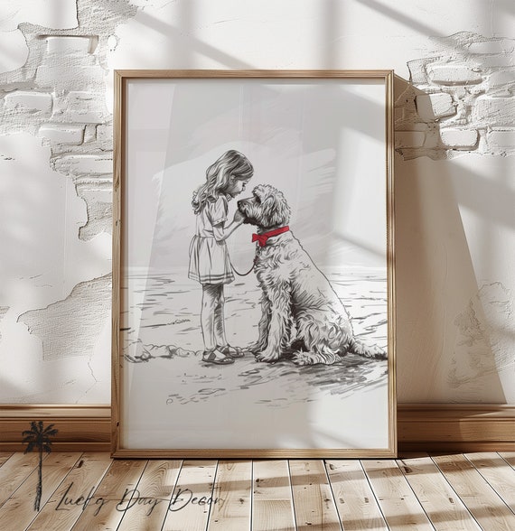 Girl Red Bow Doodle Dog Childrens Christmas Sketch Art Holiday Cute Adorable Nursery Coastal Home Wall