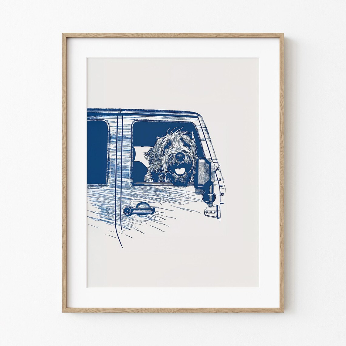 Doodle Dog Riding Shotgun Happy Truck Window Navy Line Art Poster