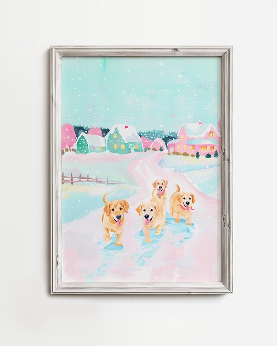 Golden Retrievers Snowy Walk Pastel Winter Village Dogs Artwork Poster