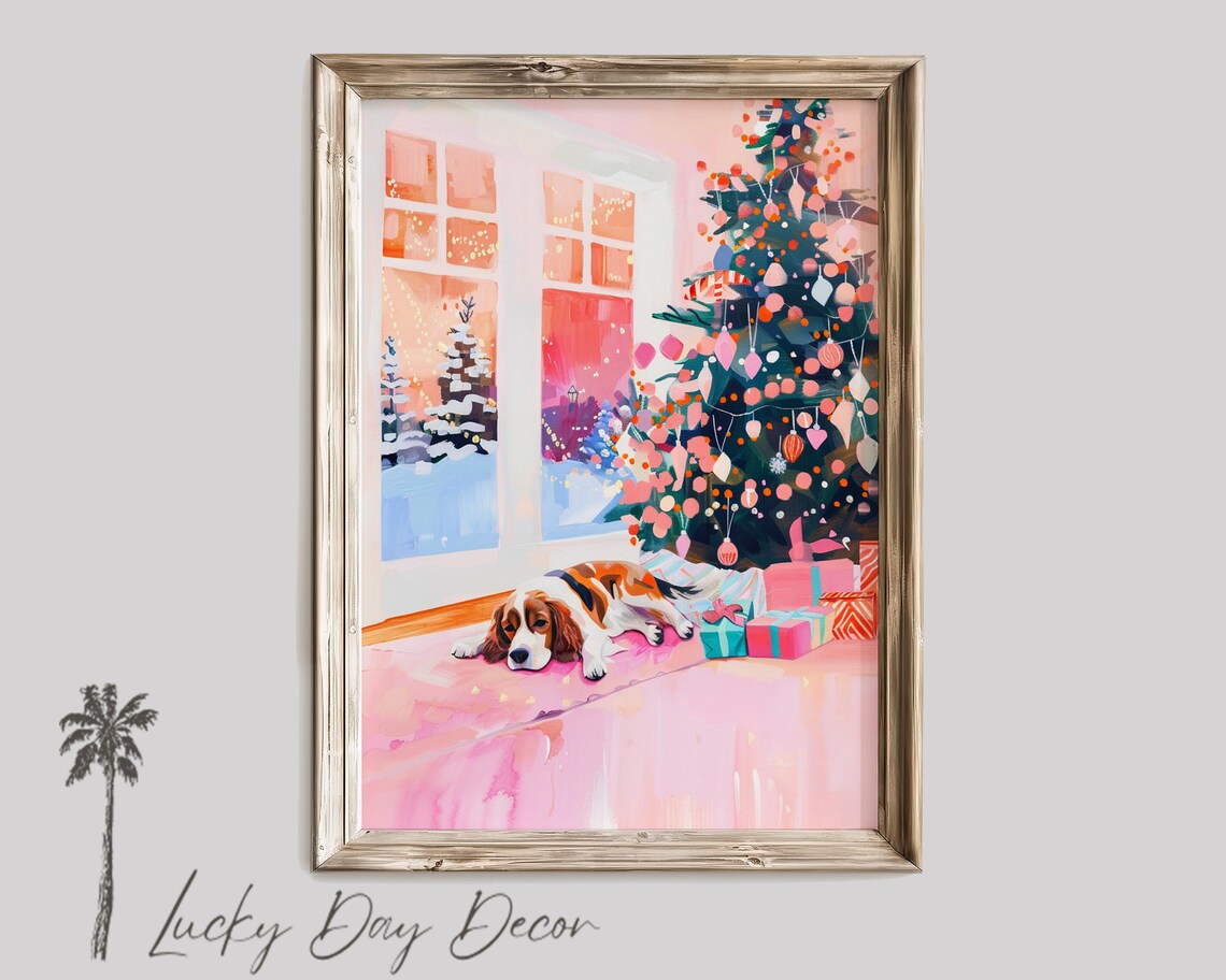 Christmas Pastel Cocker Spaniel Sleeping By Tree, Art Print