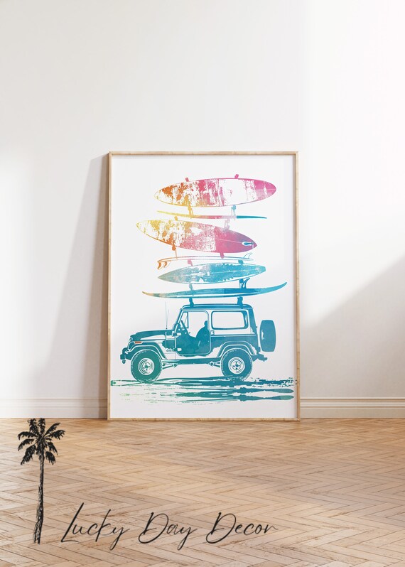 Surfing for Six Jeep With Stacked Colorful Boards Art Poster