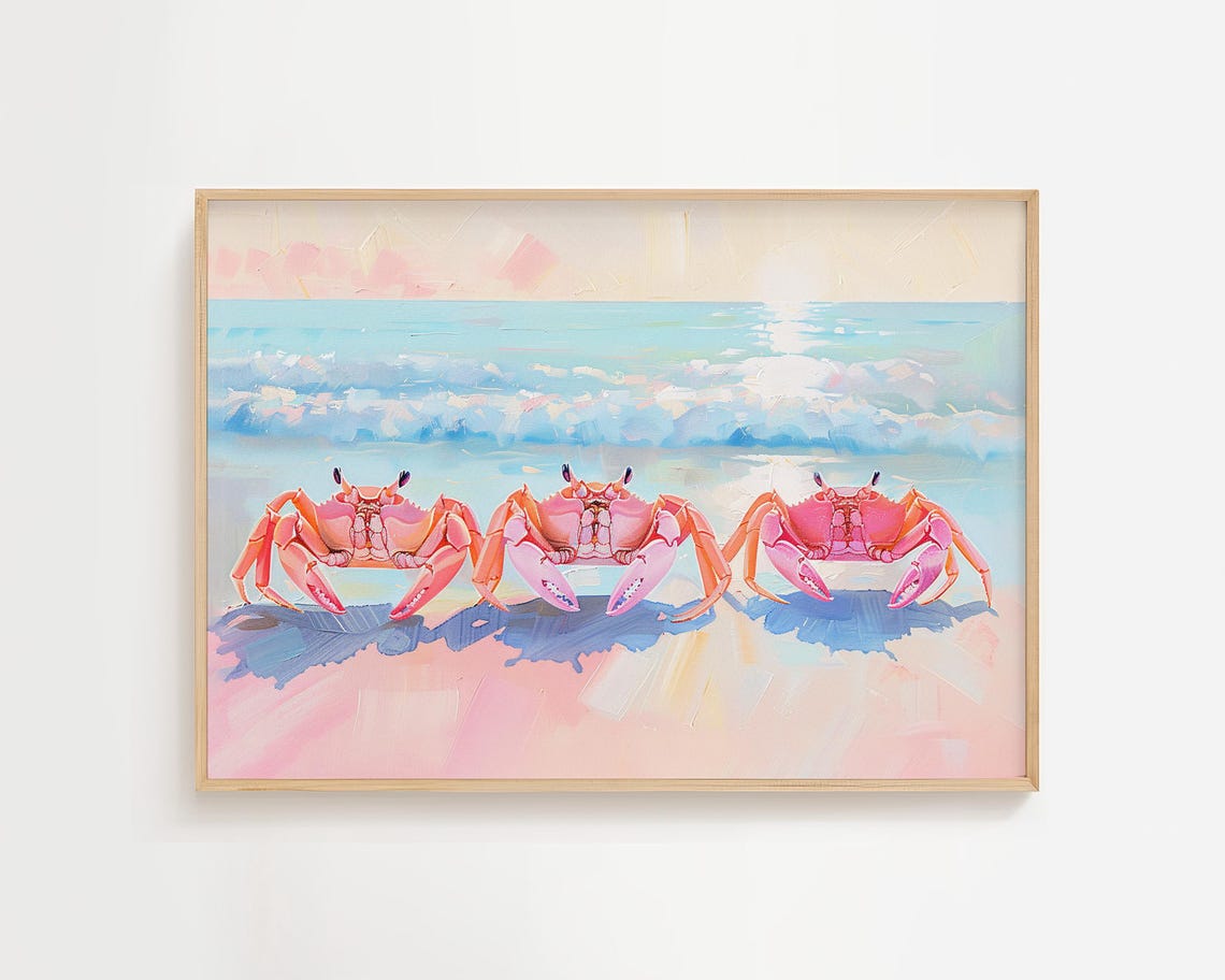 Three Pink Crabs On Beach Pastel Ocean Painting Whimsical Poster