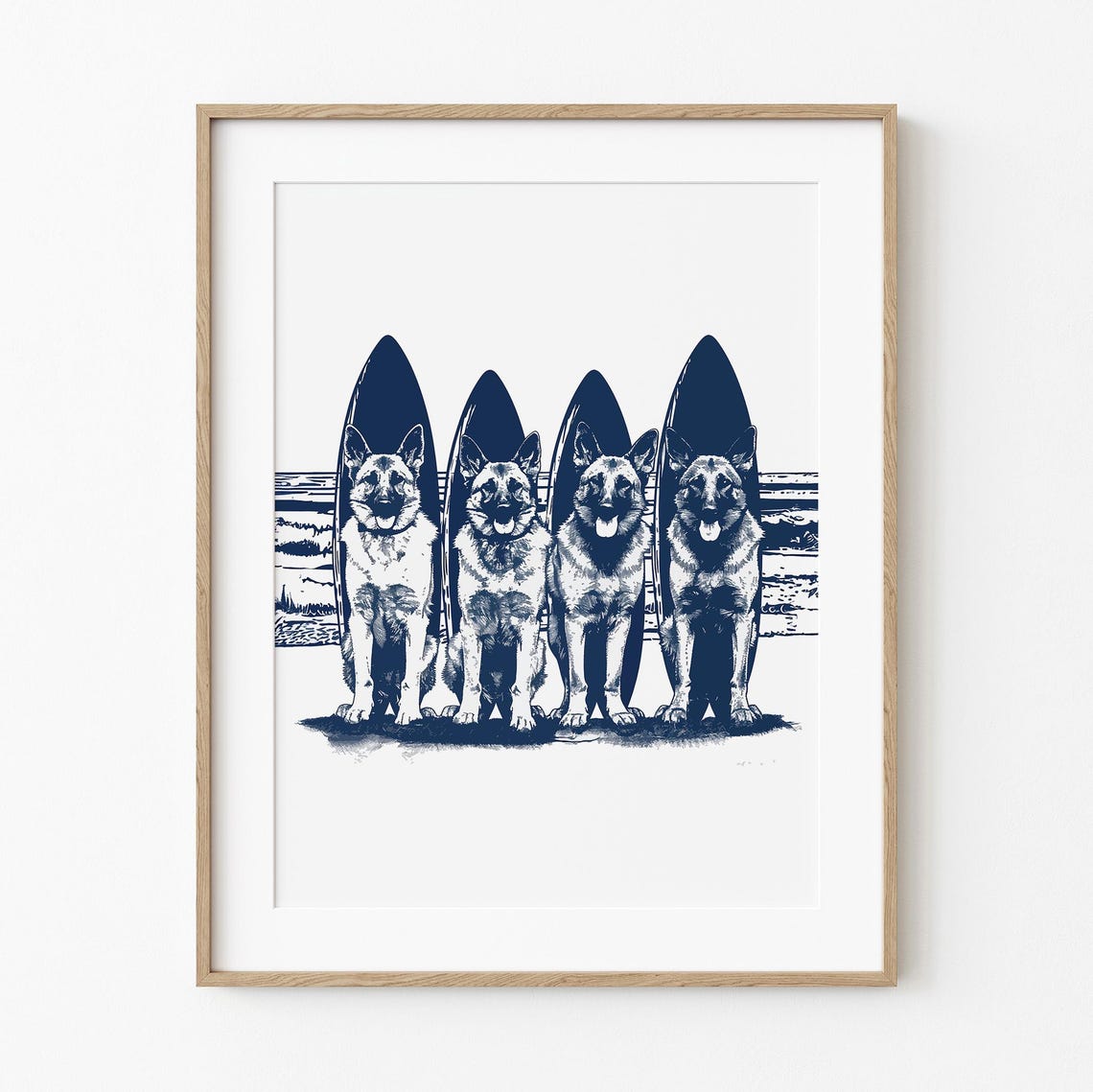 Four Happy German Shepherds With Surfboards Beach Day Navy Poster