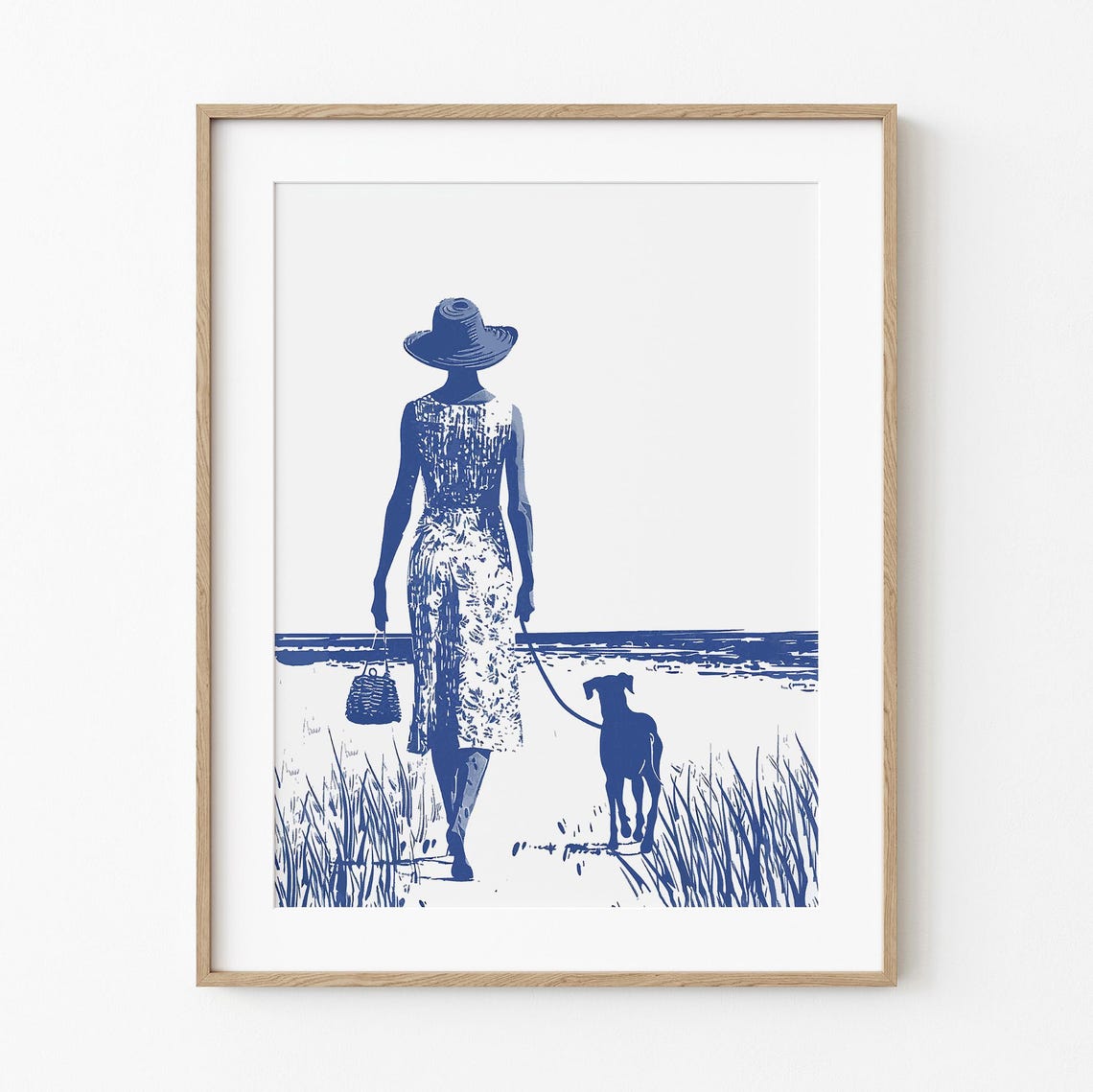 Woman Walking Dog on Beach Dunes Navy Silhouette Summer Poster