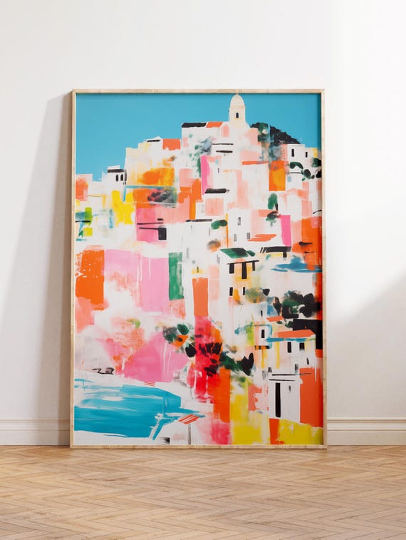 Retro Colorful City Elevation Art Abstract Boho Decor Modern Fun Print Simplistic Instant For Home Or Office