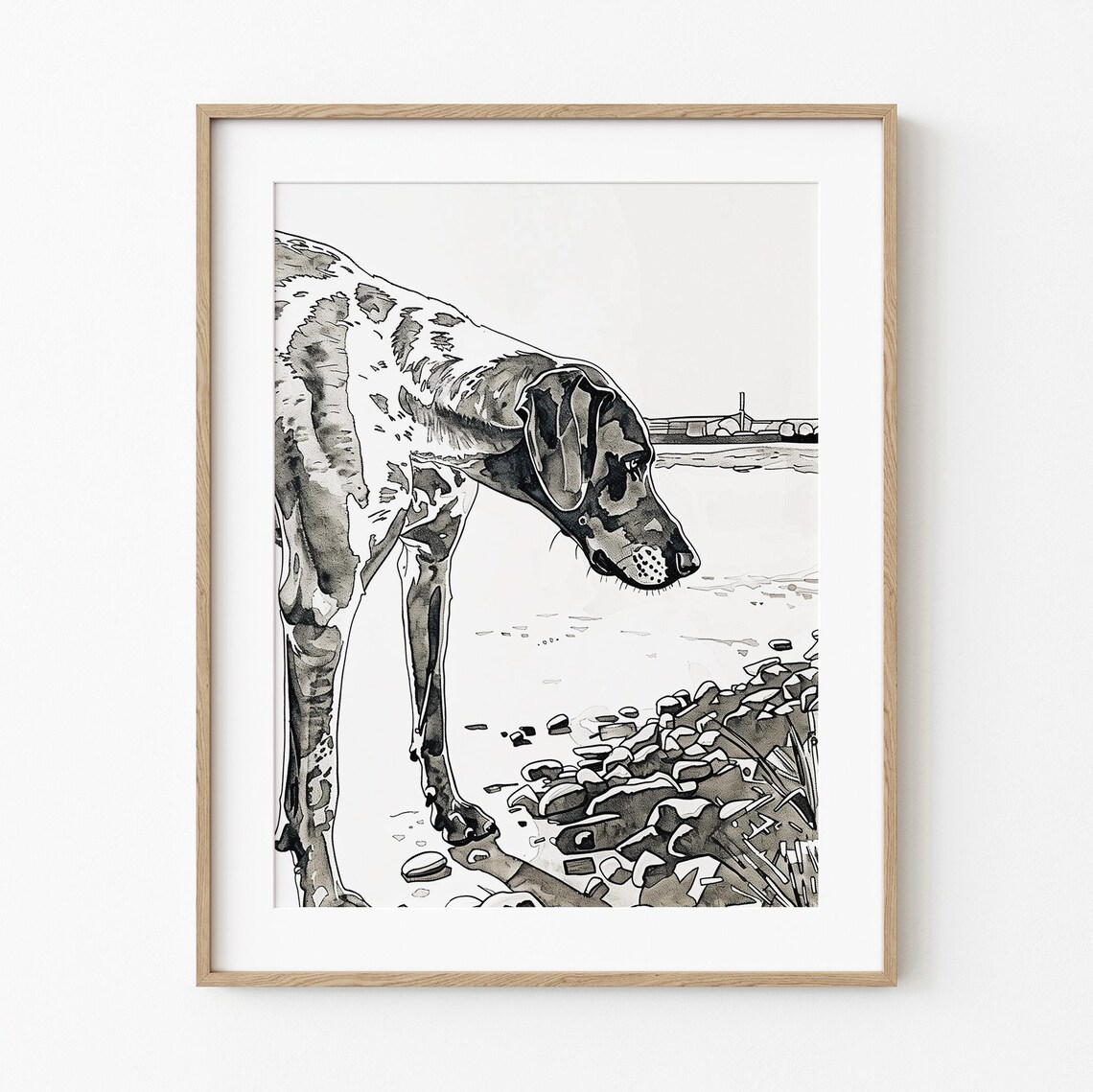 Lean Dog Standing on Rocky Shoreline Minimalist Ink Sketch Poster