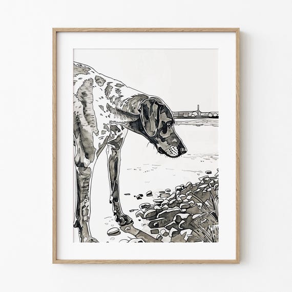 German Shorthair Looking Fall Dog Sketch Art Lovers Print Autumn Season Wall Decor Minimalist Warm Brown