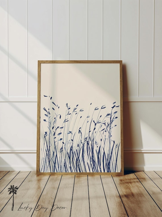 Beach Grasses Blowing Blue Oceanfront Sketch, Art Print