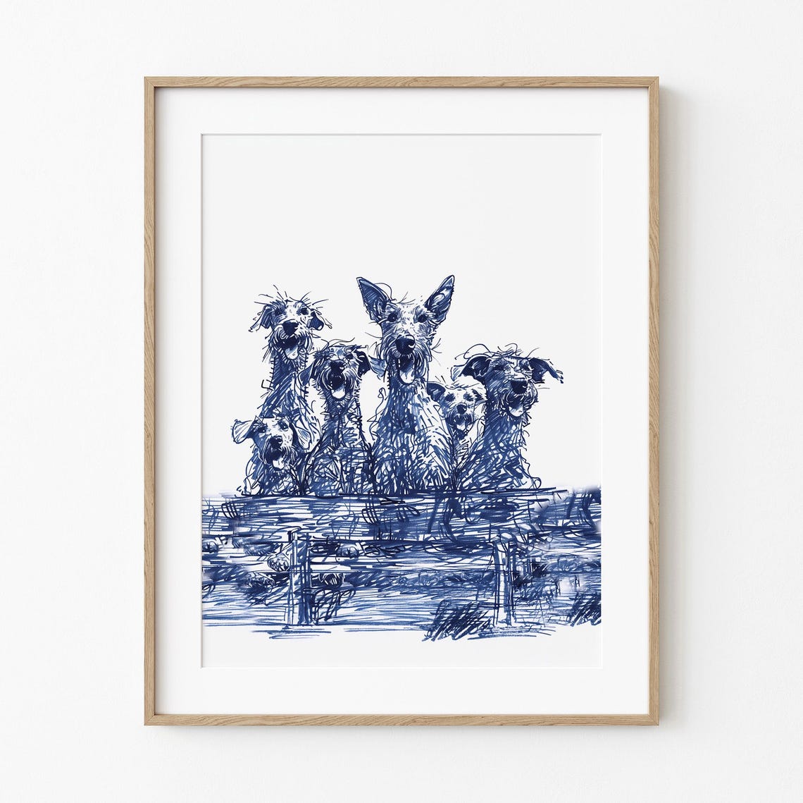 Six Scruffy Dogs Peering Navy Ink Sketch Happy Dog Pack Poster