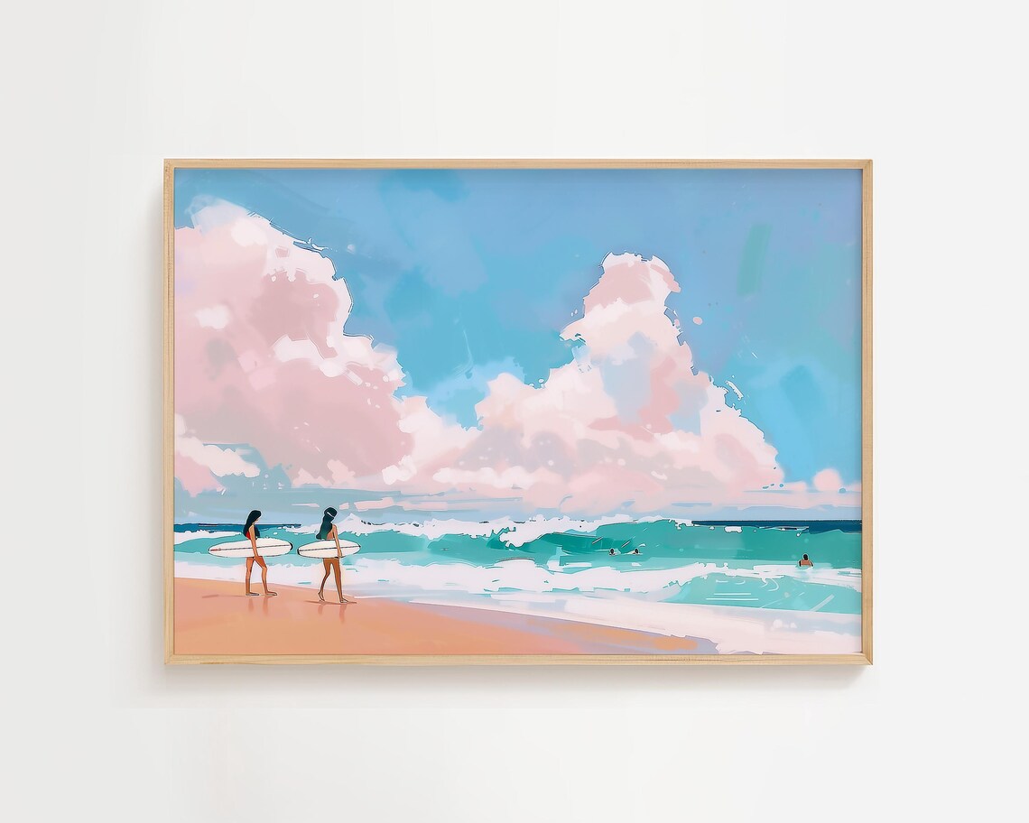 Girls Surfing Dreamy Pastel Beach Waves Summer Coastal Poster