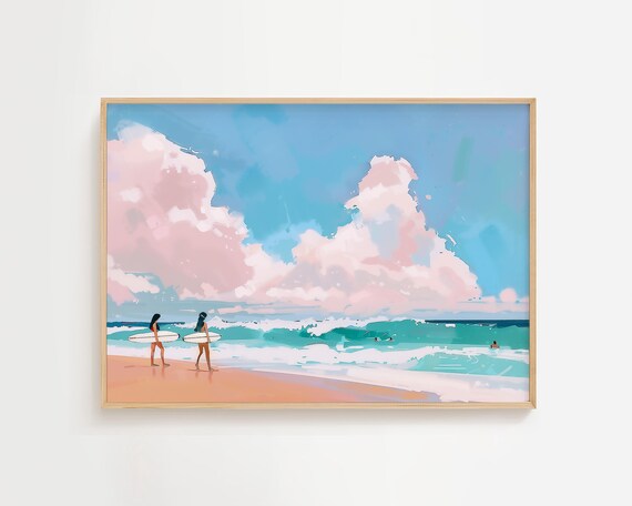 Girls Surfing Dreamy Pastel Beach Waves Summer Coastal Poster