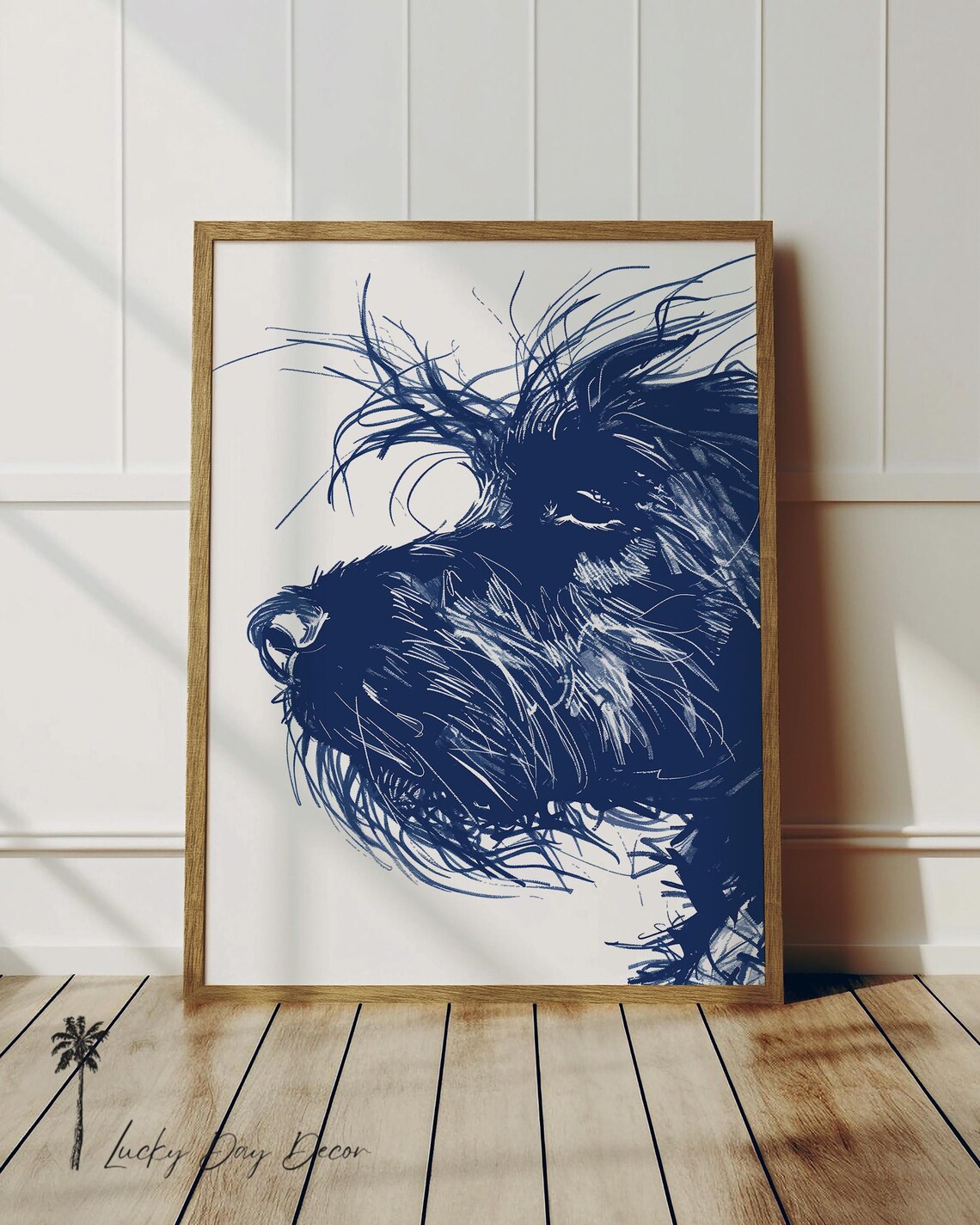 Shaggy Doodle Dog Face Navy Blue Ink Sketch Close Up Wall Print