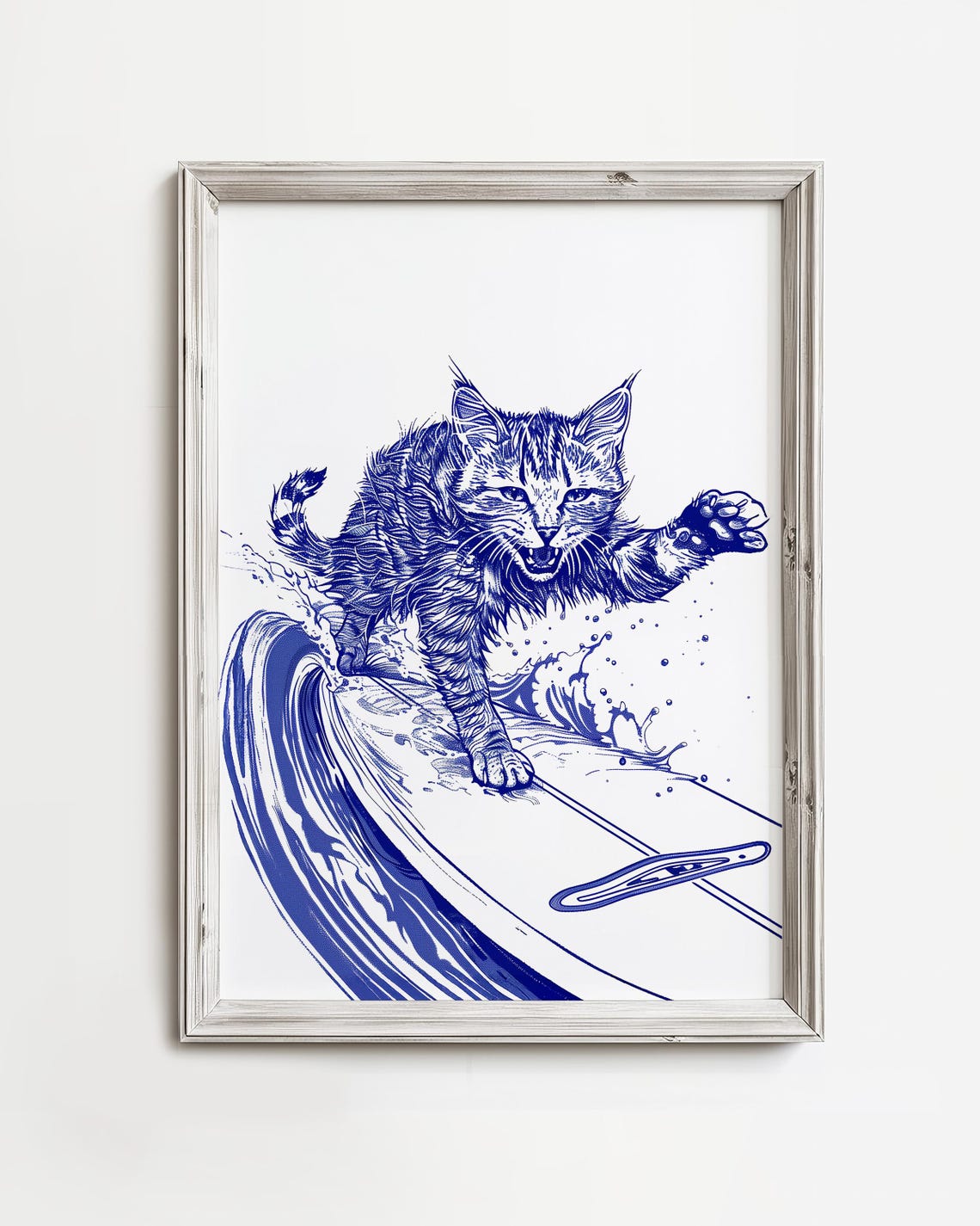 Funny Surfing Cat Blue Ink Wave Riding Coastal Beach Art Print