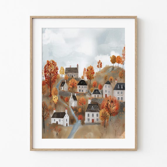 Cozy Fall Village Whimsical Painting Art Rustic Vintage Seasonal Autumn Wall Decor Warm Tone