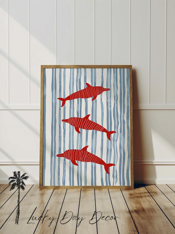 Red Dolphins Coastal Stripe Wall Art Beach House Sea Life Decor