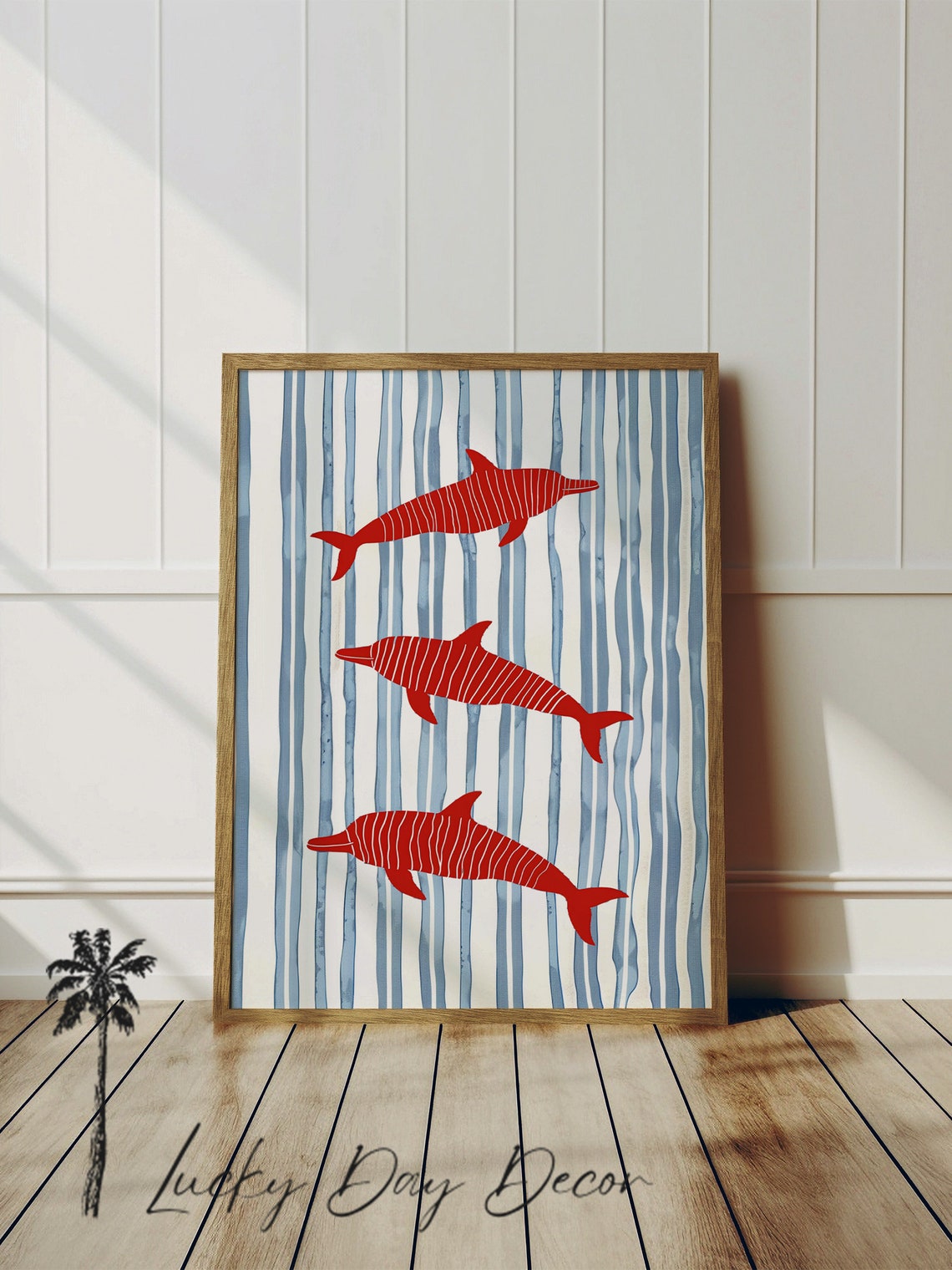Red Dolphins Coastal Stripe Wall Art Beach House Sea Life Decor