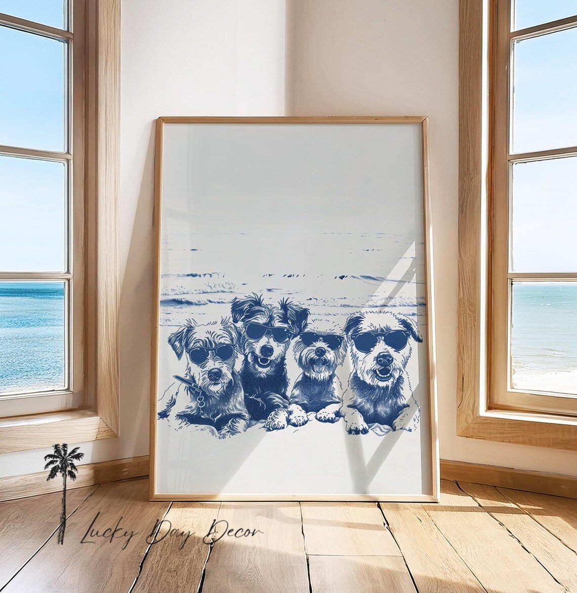 Four Dogs In Sunglasses Beach Sketch Blue Coastal Pups Fun Dog Poster