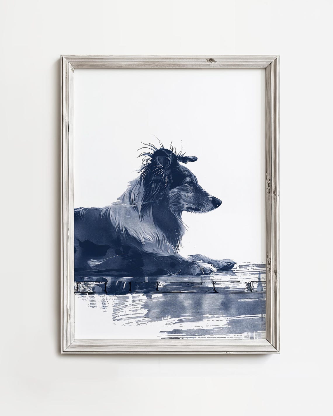 Collie Lying by the Water Navy Duotone Coastal Watercolor Poster