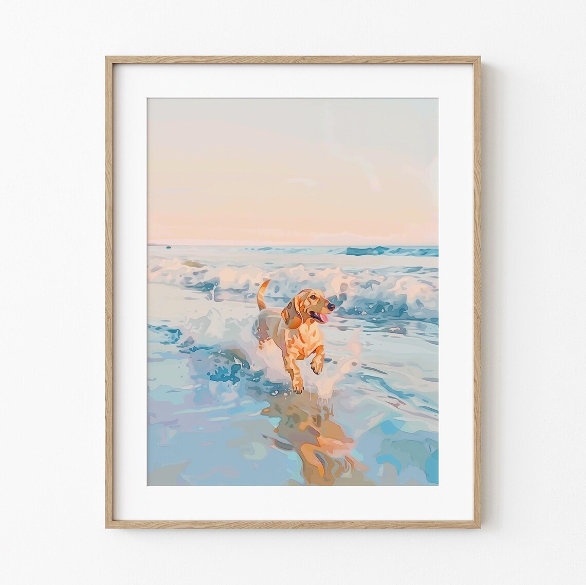Dachshund Dog Playing In Ocean Waves Pastel Beach Painting Art Poster
