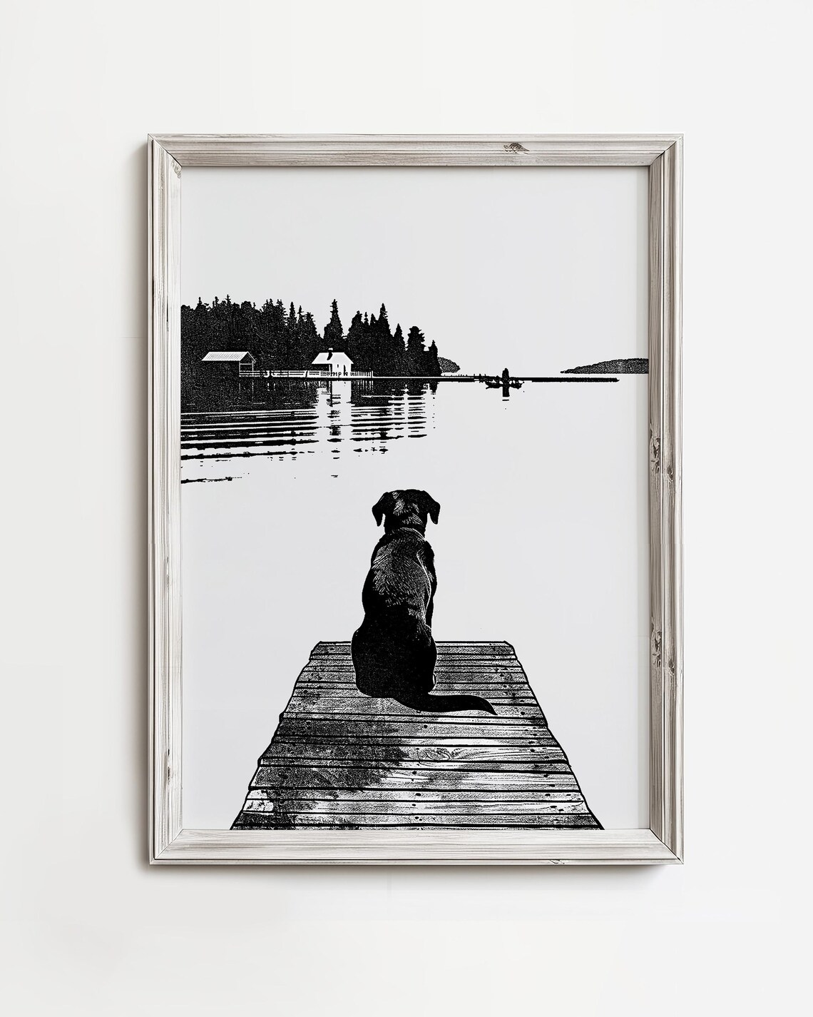 Black Labrador On Lake Dock White Sketch Art Print