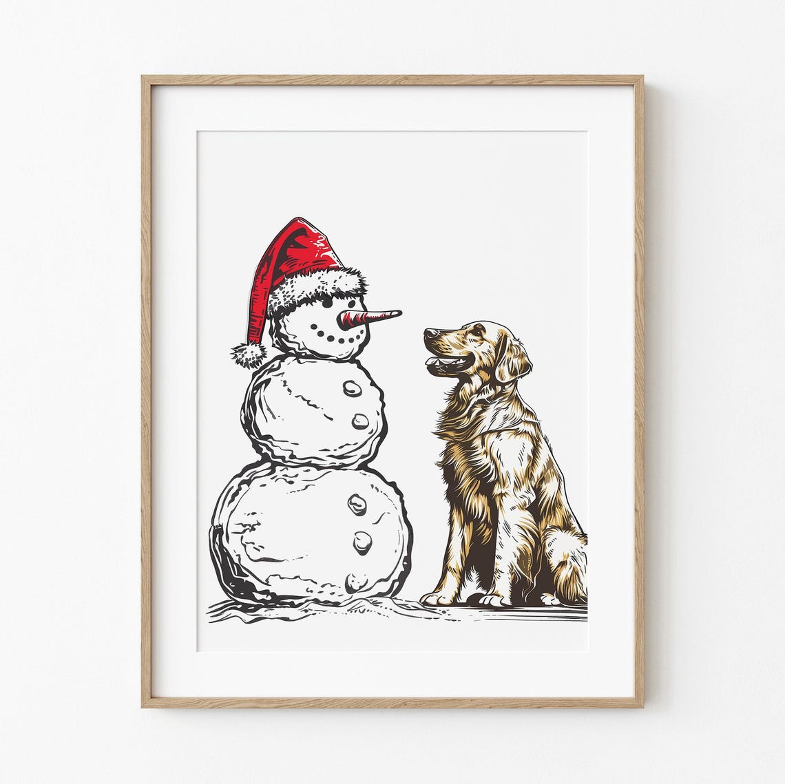 Golden Retriever and Snowman Christmas Line Art Cute Holiday Poster
