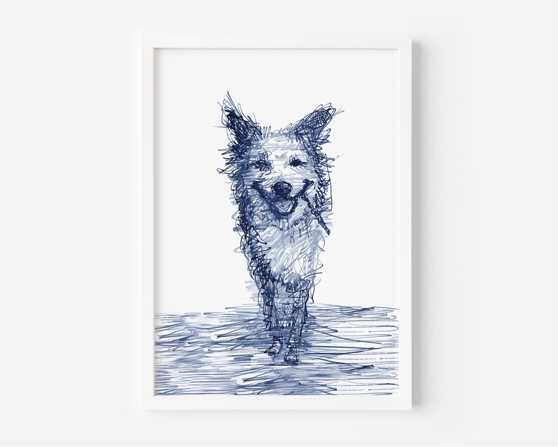 Happy Smiling Corgi Dog Sketch Blue Line Art Poster for Pet Lovers