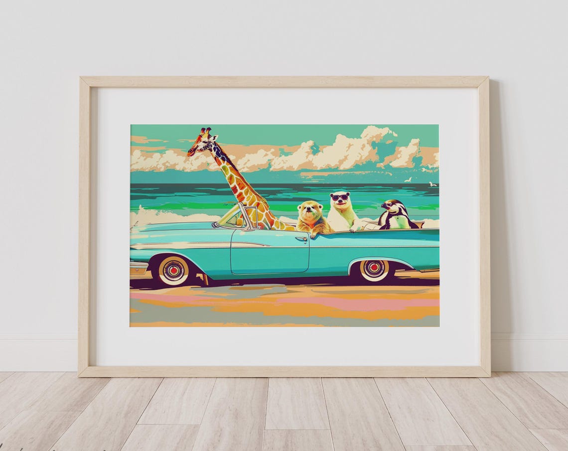 Whimsical Animals Riding in a Turquoise Convertible by the Sea Poster