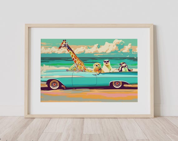 Whimsical Animal Cruise Funny Animals In Convertible Beachside Washroom Wall Art Humorous Artwork