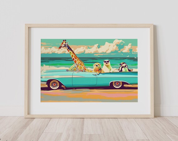 Whimsical Animals Riding in a Turquoise Convertible by the Sea Poster