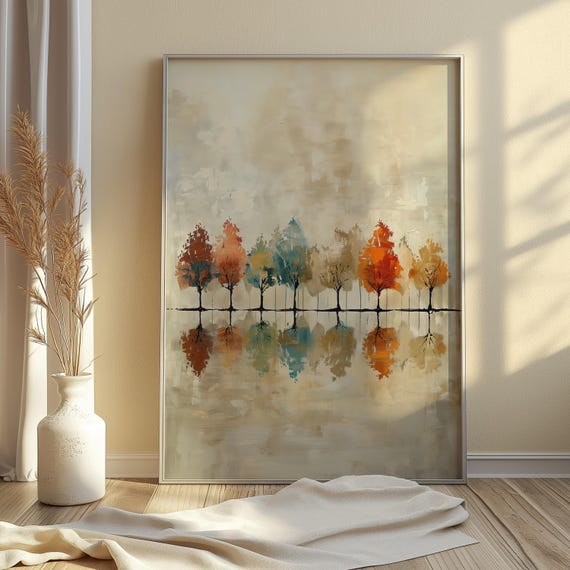 Whimsical Autumn Trees Fall Foliage Painting Art Rustic Vintage Seasonal Wall Decor Cozy Warm Tone