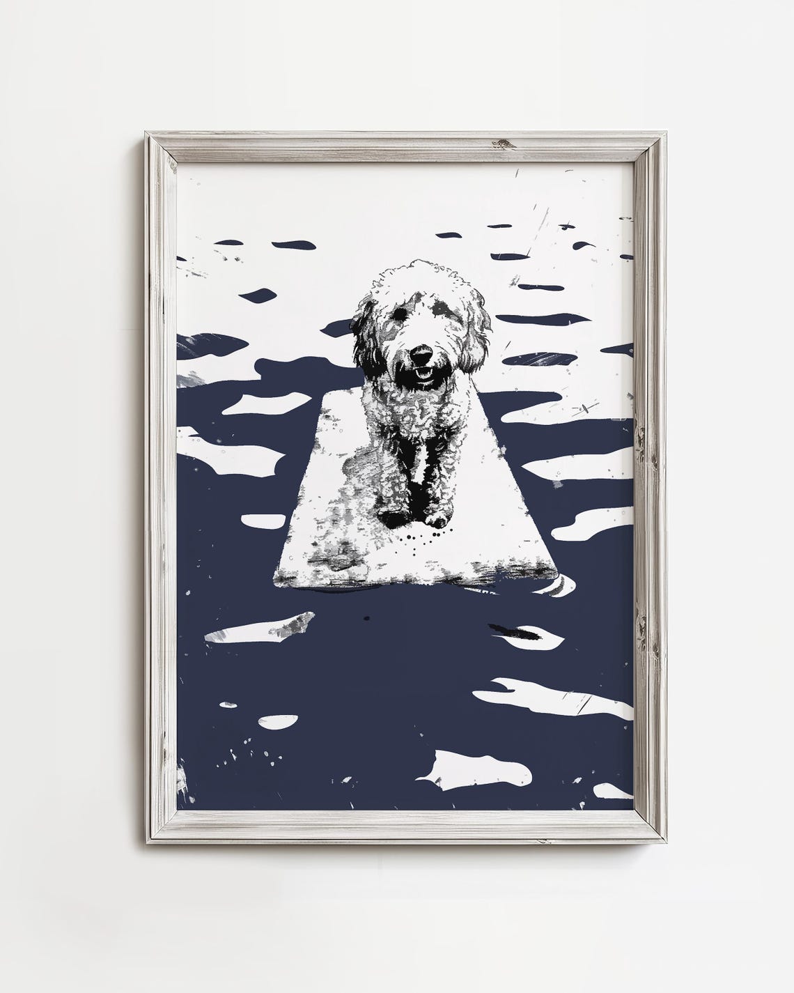 Golden Doodle Floating On Lake Navy Ink Sketch Fun Dog Poster