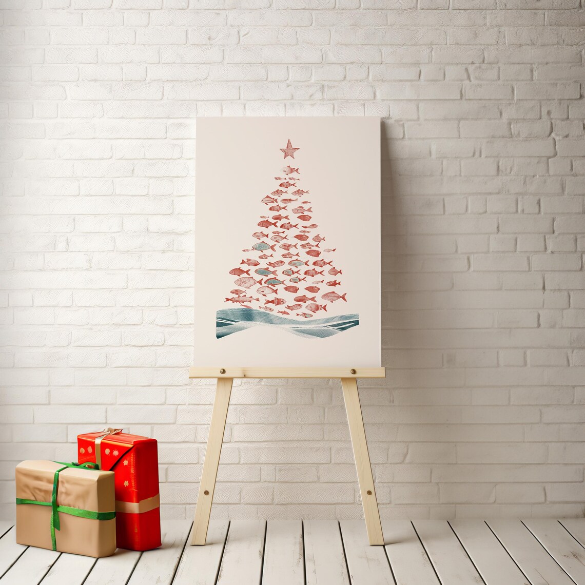 Christmas Tree Made Of Fish Whimsical Coastal Holiday Sea Art Poster