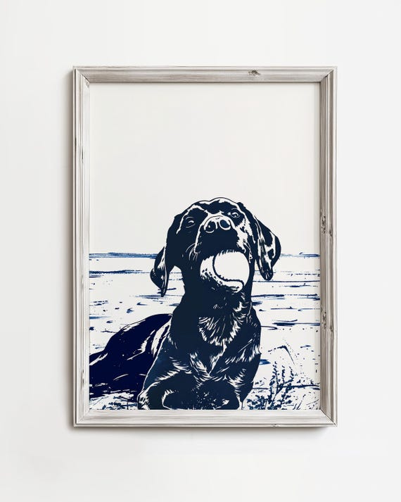 Labrador Lays With Tennis Ball Cute Coastal Dogs Summer Home Wall Art Lake Sketch Beach Cottage Decor Dog