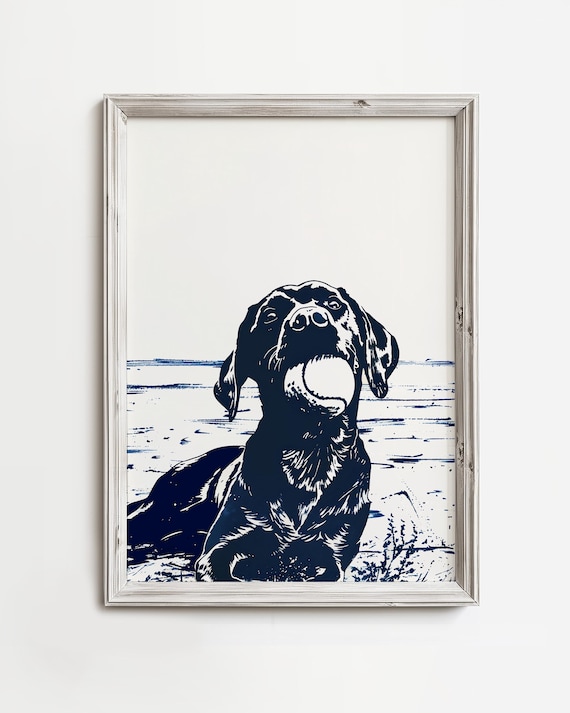 Labrador Tennis Ball Beach Navy Linocut Coastal Dog Art Poster